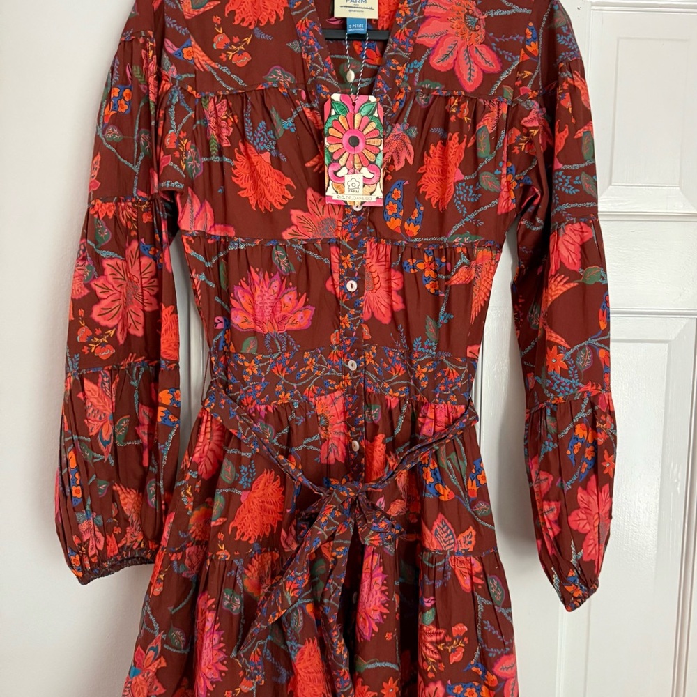 FARM Rio Anthro Floral Printed Belted Puff Sleeve Mini Dress Small Petite NWT